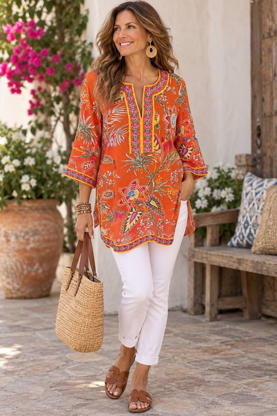 Gretchen Scott Womens Orange Floral Bohemian Cotton Tunic Top Medium
